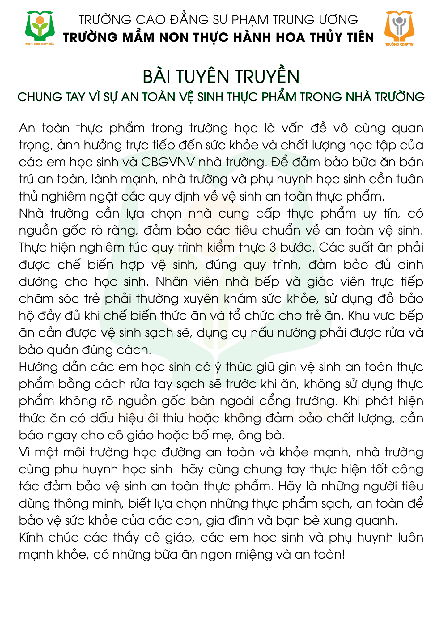 BÀI TUYÊN TRUYỀN  CHUNG TAY VÌ SỰ AN TOÀN VỆ SINH THỰC PHẨM TRONG NHÀ TRƯỜNG